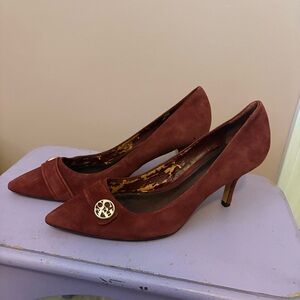 Coach Zelda Wine Suede Heels with Gold Accent